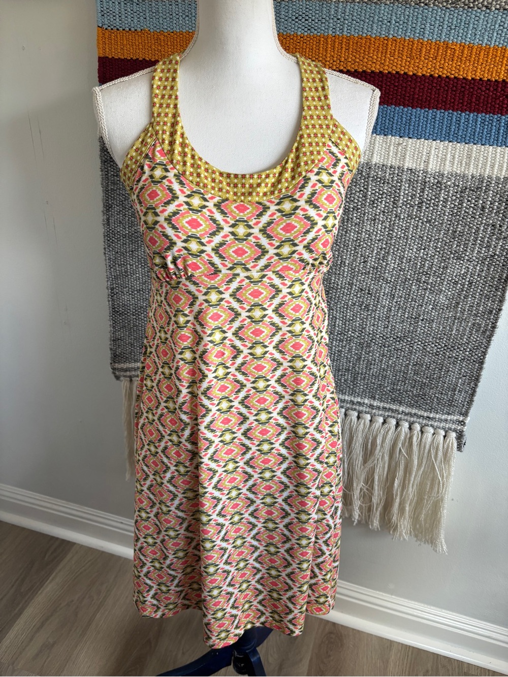 Prana Yellow and Pink Patterned Sleeveless Midi Dress